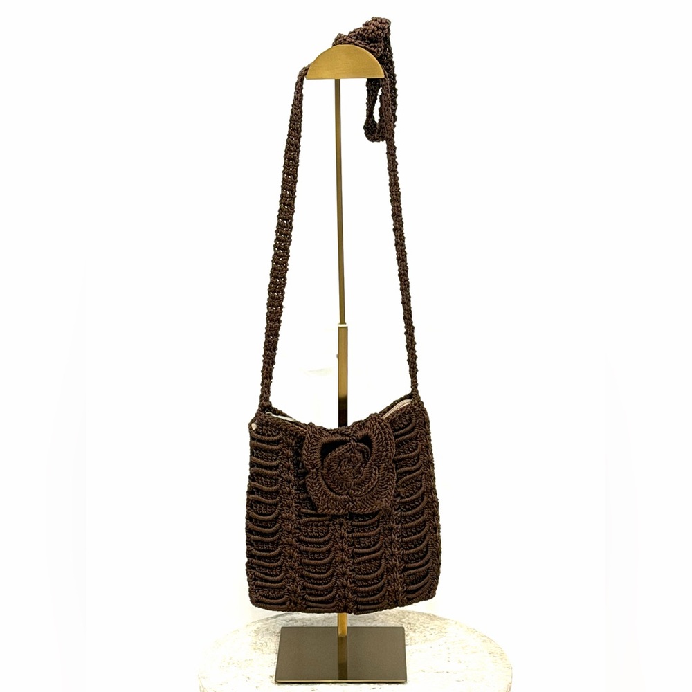 Handmade Crochet Brown Floral Crossbody Bag Lined Zipper Artisan Boho